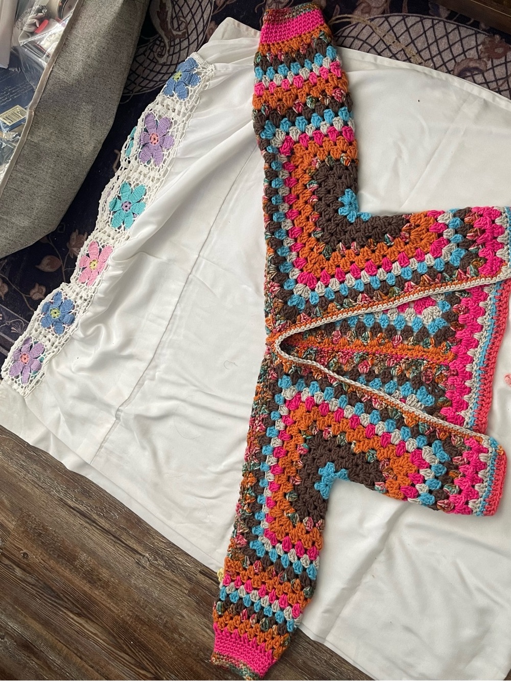 Handmade Multicolor Crochet Sweater - Pink, Brown & Teal